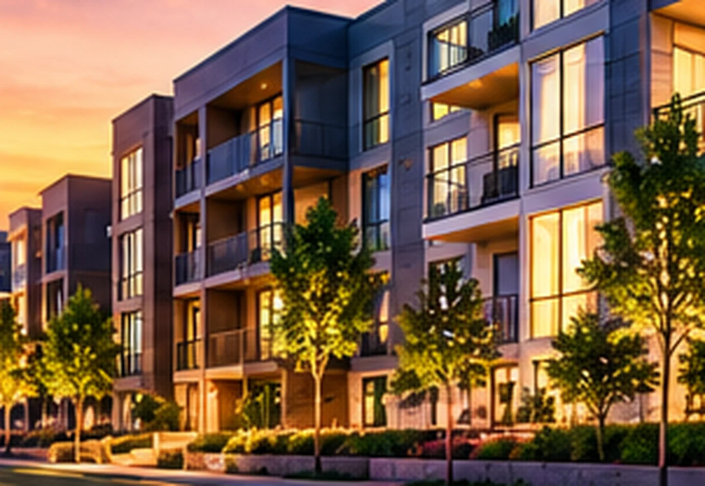 Modern apartment building with glass balconies and warmly lit windows